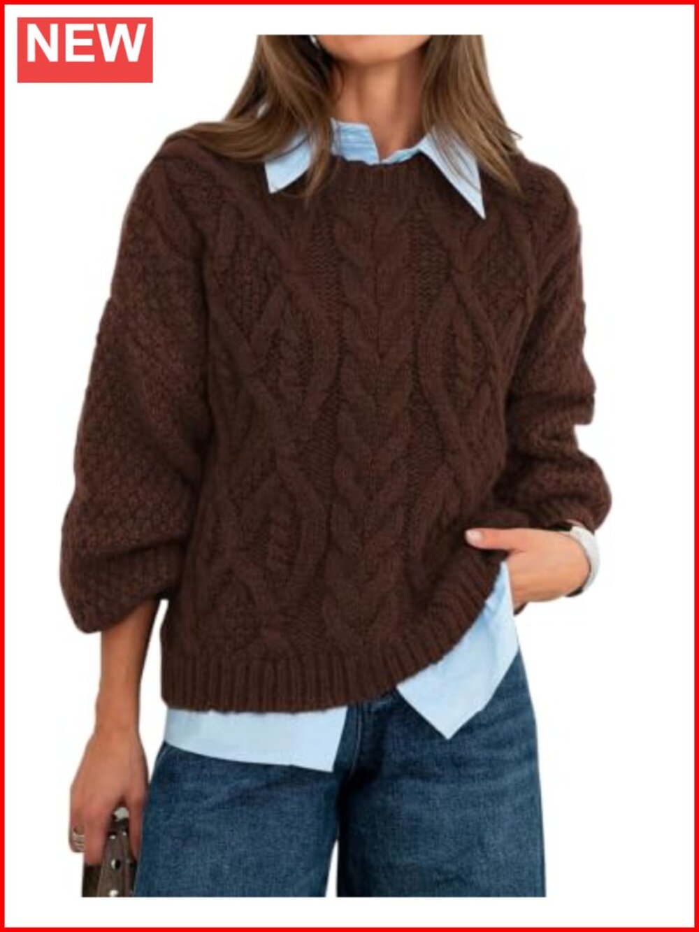 Womens Oversized Cable Knit Sweater Crew Neck Puff Sleeve Pullover